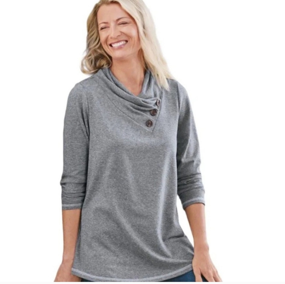 Soft Surrounding Brinley Cowl Shawl Neck Pullover Top Petite PL Blue